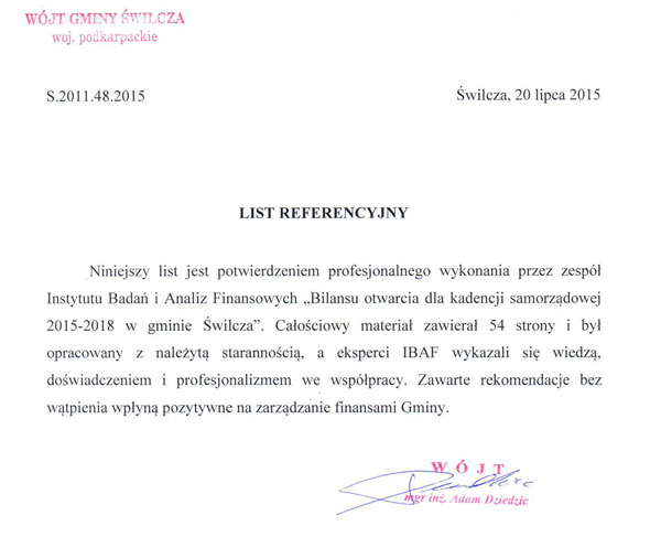 List Referencyjny Wójt Gminy Świlcza